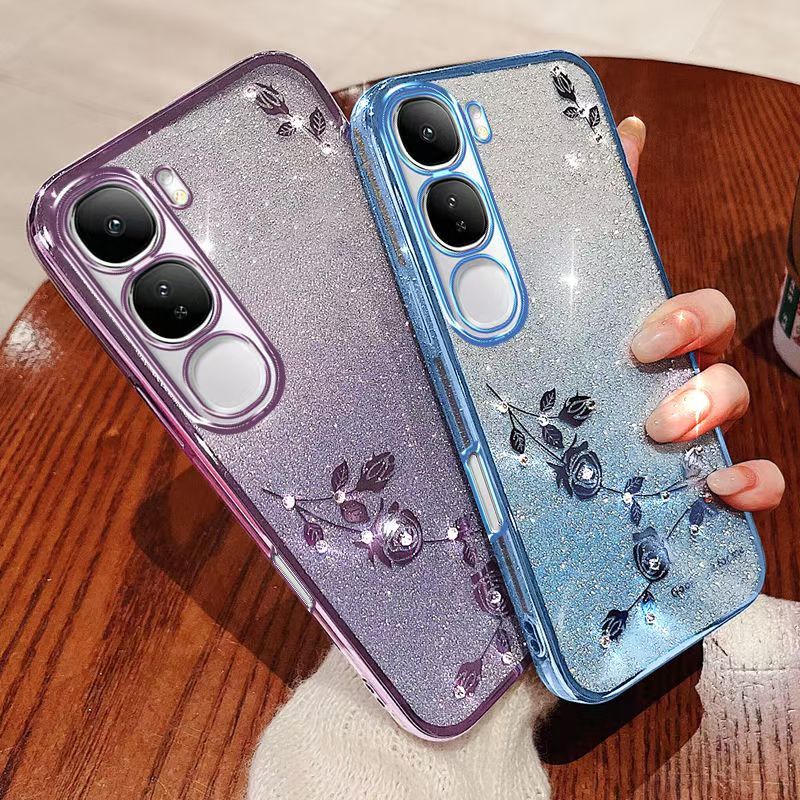 Phone Case For Vivo Y19s 6.68" inch/ Flash Women's and Girls Pink Flower Transparent Shock Protection Luxury Diamond Shining Phone Case Soft TPU