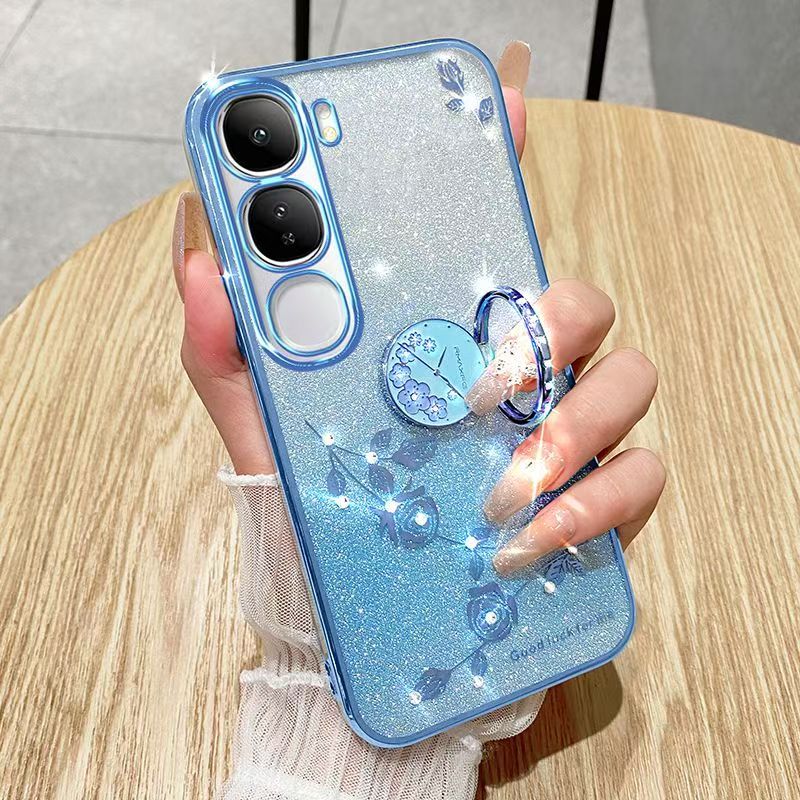 Phone Case For Vivo Y19s 6.68" inch/ Flash Women's and Girls Pink Flower Transparent Shock Protection Luxury Diamond Shining Phone Case Soft TPU