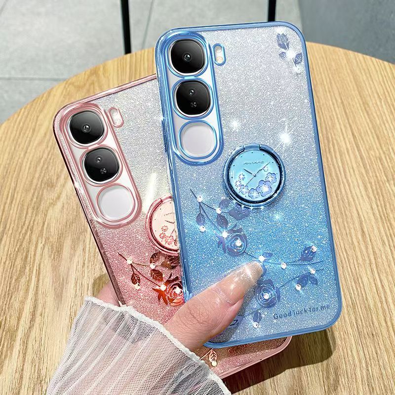 Phone Case For Vivo Y19s 6.68" inch/ Flash Women's and Girls Pink Flower Transparent Shock Protection Luxury Diamond Shining Phone Case Soft TPU
