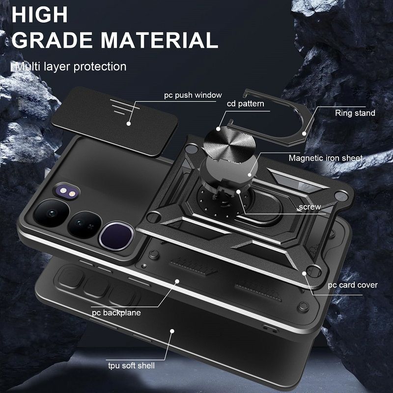 Luxury Slide Camera Lens Case For Vivo V40 Lite vehicle-mounted Magnetic Kickstand Bumper Cover