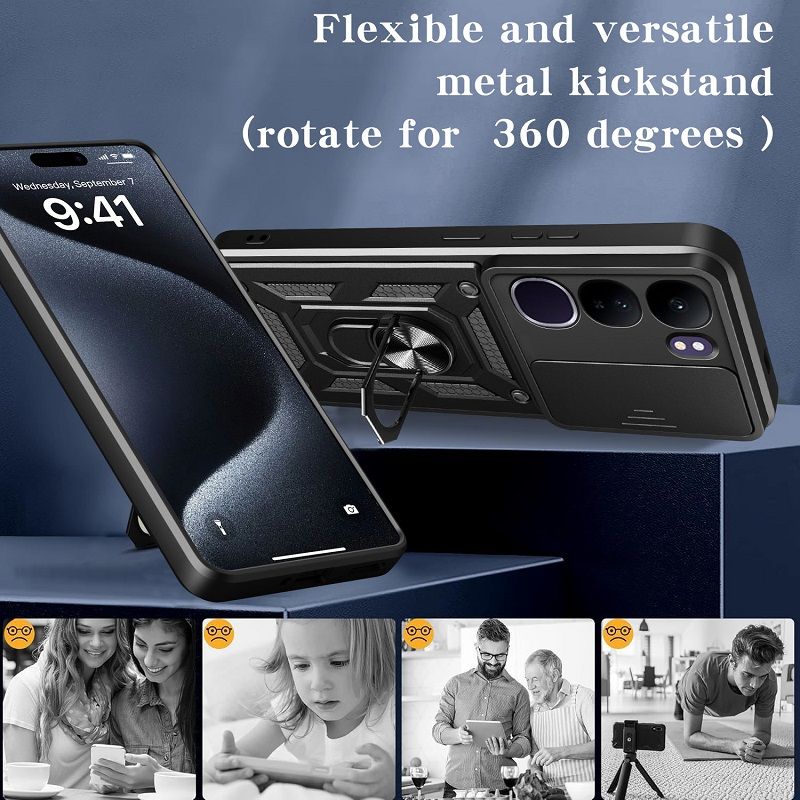 Luxury Slide Camera Lens Case For Vivo V40 Lite vehicle-mounted Magnetic Kickstand Bumper Cover