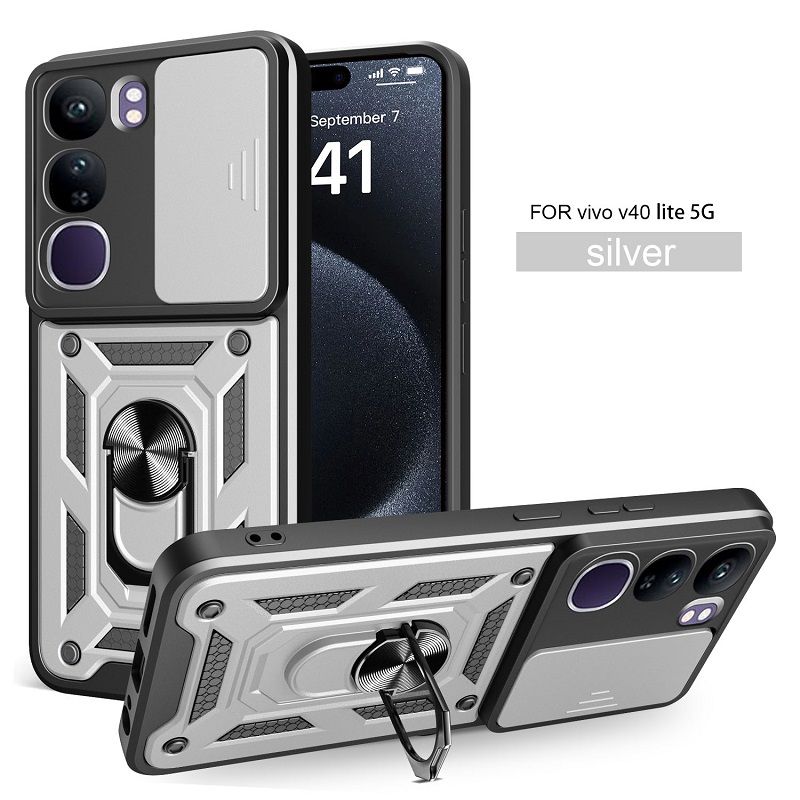 Luxury Slide Camera Lens Case For Vivo V40 Lite vehicle-mounted Magnetic Kickstand Bumper Cover