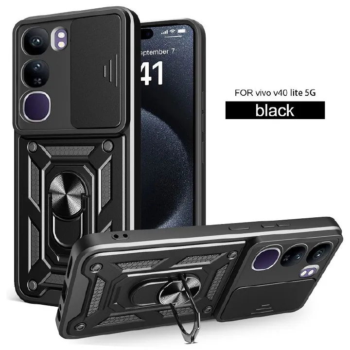 Luxury Slide Camera Lens Case For Vivo V40 Lite vehicle-mounted Magnetic Kickstand Bumper Cover