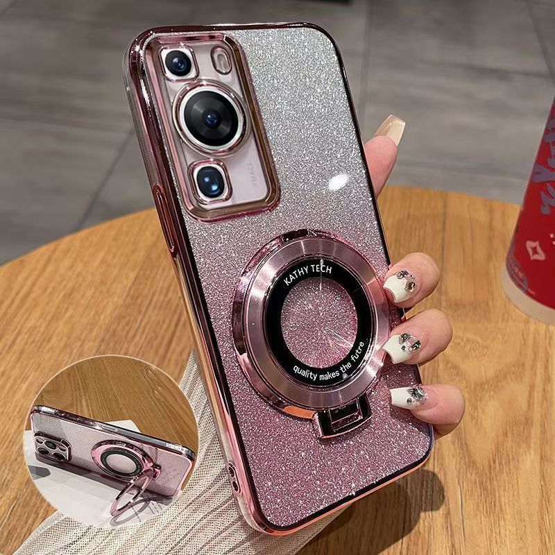 Luxury Magnetic Support Transparent Glitter Powder Phone Case For Huawei P60/P60 Pro Fall Prevention Protective Cover