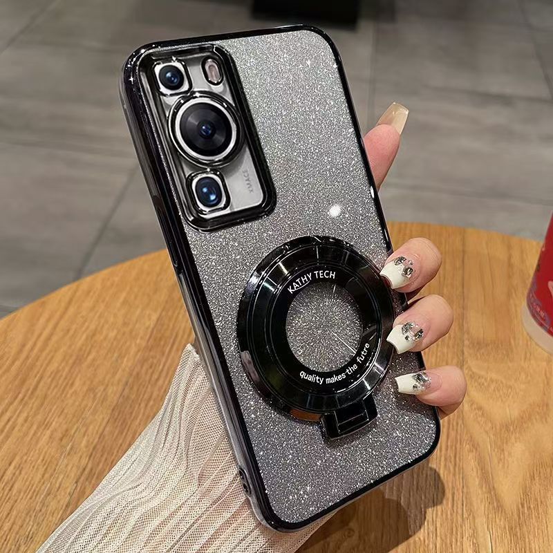 Luxury Magnetic Support Transparent Glitter Powder Phone Case For Huawei P60/P60 Pro Fall Prevention Protective Cover