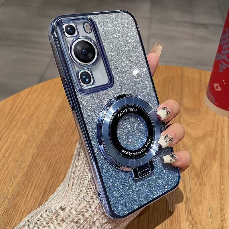 Luxury Magnetic Support Transparent Glitter Powder Phone Case For Huawei P60/P60 Pro Fall Prevention Protective Cover