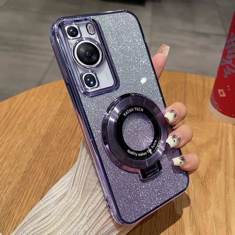 Luxury Magnetic Support Transparent Glitter Powder Phone Case For Huawei P60/P60 Pro Fall Prevention Protective Cover