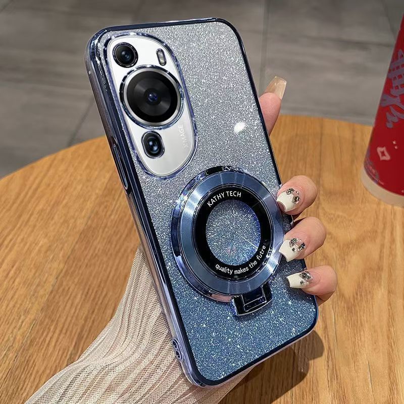 Luxury Magnetic Support Transparent Glitter Powder Phone Case For Huawei P60 Art, Fall Prevention Protective Cover