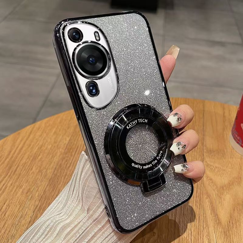 Luxury Magnetic Support Transparent Glitter Powder Phone Case For Huawei P60 Art, Fall Prevention Protective Cover