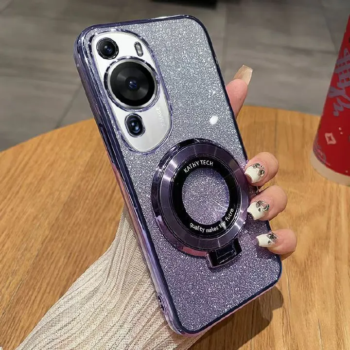 Luxury Magnetic Support Transparent Glitter Powder Phone Case For Huawei P60 Art, Fall Prevention Protective Cover