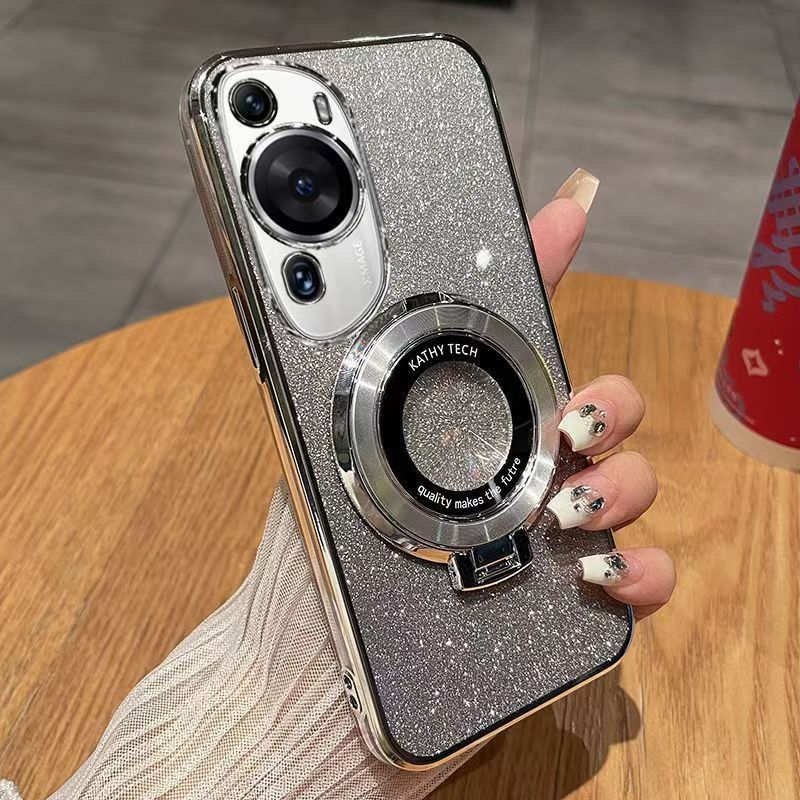 Luxury Magnetic Support Transparent Glitter Powder Phone Case For Huawei P60 Art, Fall Prevention Protective Cover