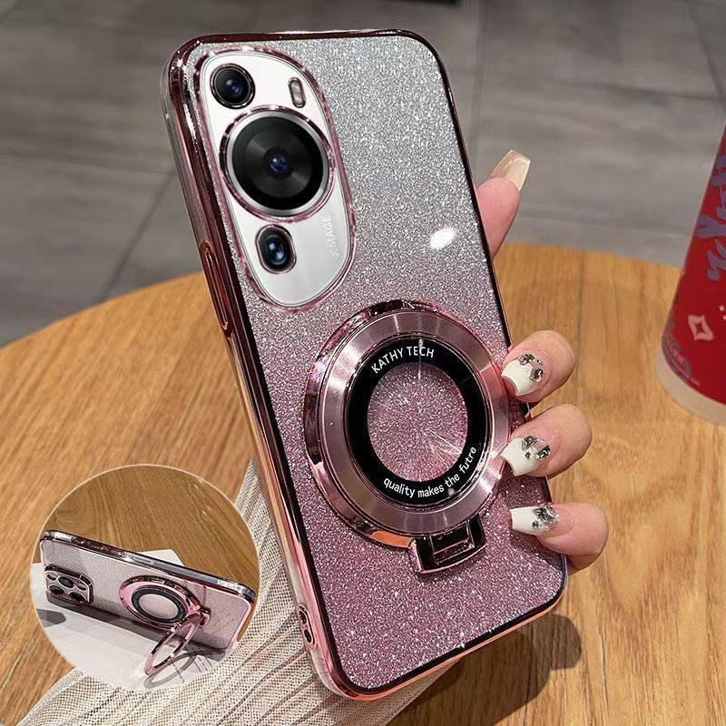 Luxury Magnetic Support Transparent Glitter Powder Phone Case For Huawei P60 Art, Fall Prevention Protective Cover