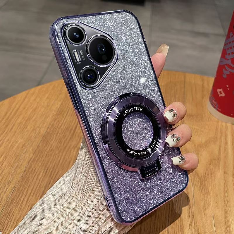 Luxury Magnetic Support Transparent Glitter Powder Phone Case For Huawei Pura 70 Pro/Pura 70 Pro+, Fall Prevention Protective Cover