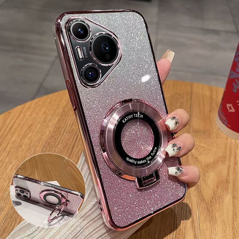 Luxury Magnetic Support Transparent Glitter Powder Phone Case For Huawei Pura 70 Pro/Pura 70 Pro+, Fall Prevention Protective Cover