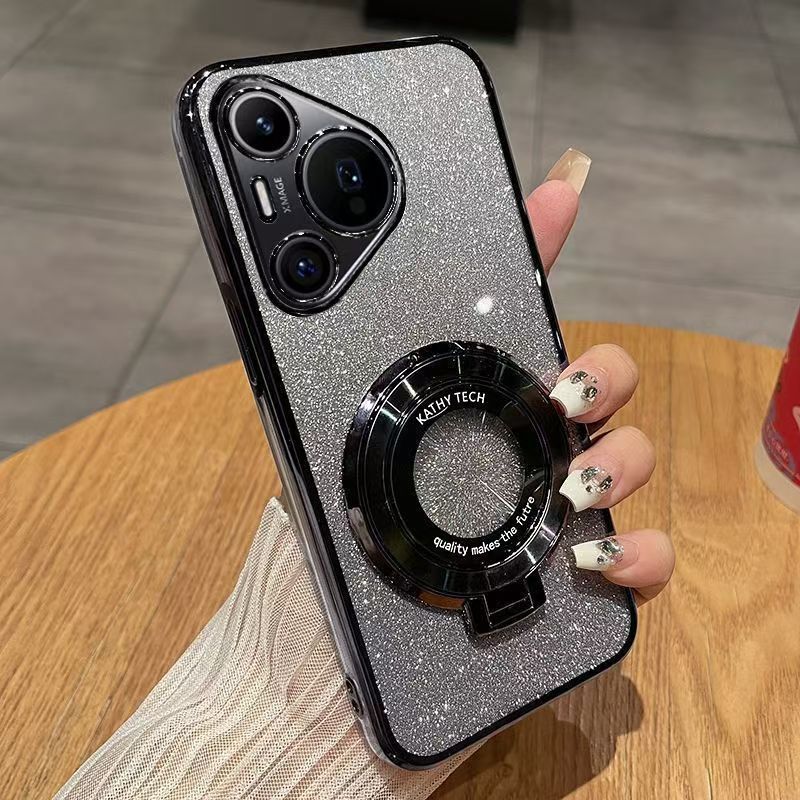 Luxury Magnetic Support Transparent Glitter Powder Phone Case For Huawei Pura 70 Pro/Pura 70 Pro+, Fall Prevention Protective Cover