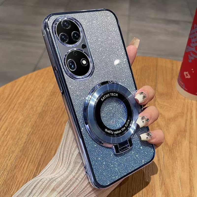 Luxury Magnetic Support Transparent Glitter Powder Phone Case For Huawei P50 Pro, Fall Prevention Protective Cover