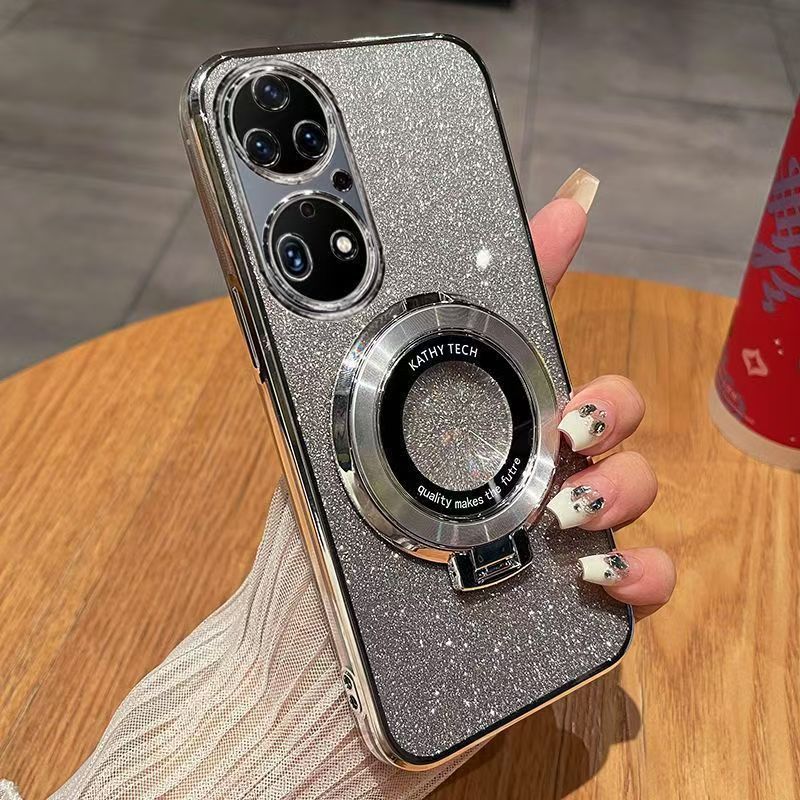 Luxury Magnetic Support Transparent Glitter Powder Phone Case For Huawei P50 Pro, Fall Prevention Protective Cover