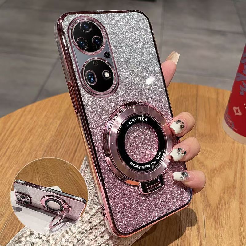 Luxury Magnetic Support Transparent Glitter Powder Phone Case For Huawei P50 Pro, Fall Prevention Protective Cover