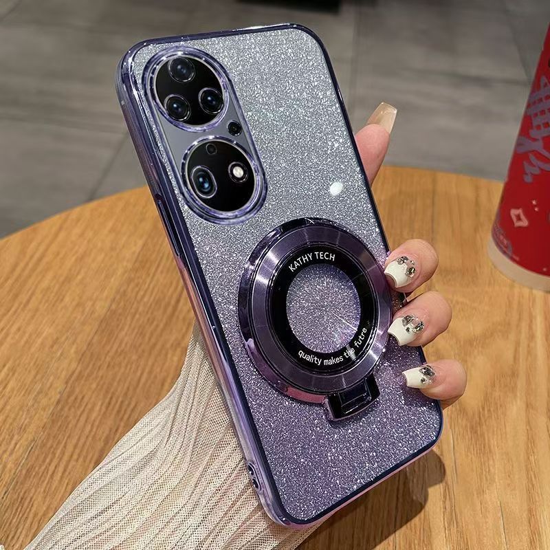Luxury Magnetic Support Transparent Glitter Powder Phone Case For Huawei P50 Pro, Fall Prevention Protective Cover