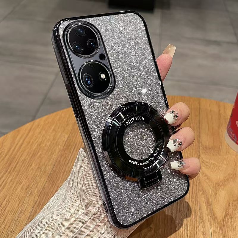 Luxury Magnetic Support Transparent Glitter Powder Phone Case For Huawei P50 Pro, Fall Prevention Protective Cover