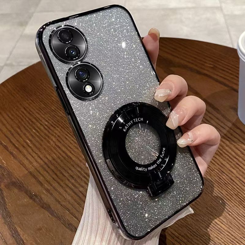 Luxury Magnetic Support Transparent Glitter Powder Phone Case For Honor 70 Fall Prevention Protective Cover