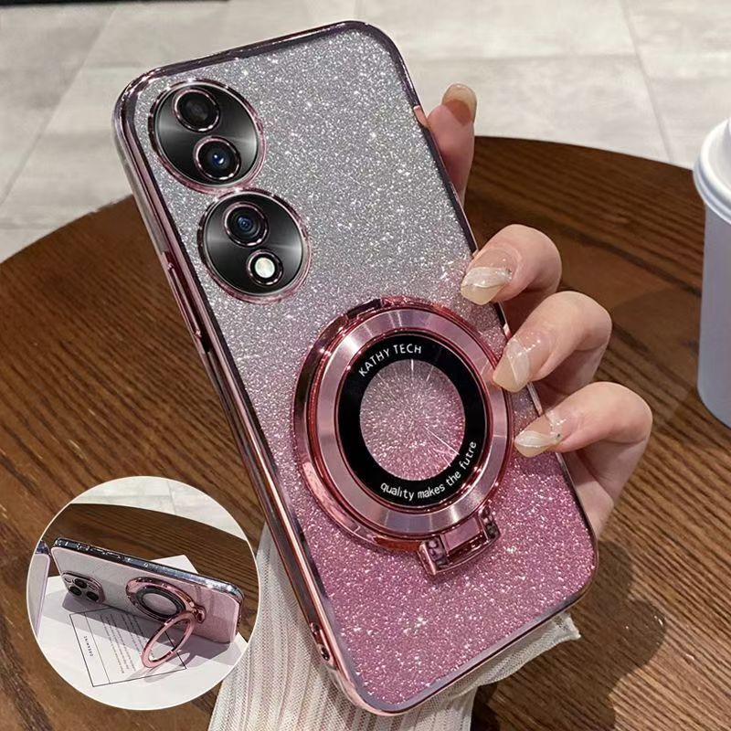 Luxury Magnetic Support Transparent Glitter Powder Phone Case For Honor 70 Fall Prevention Protective Cover