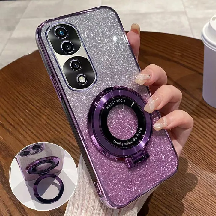 Luxury Magnetic Support Transparent Glitter Powder Phone Case For Honor 70 Pro+ 5G/Honor 70 Pro 5G Fall Prevention Protective Cover
