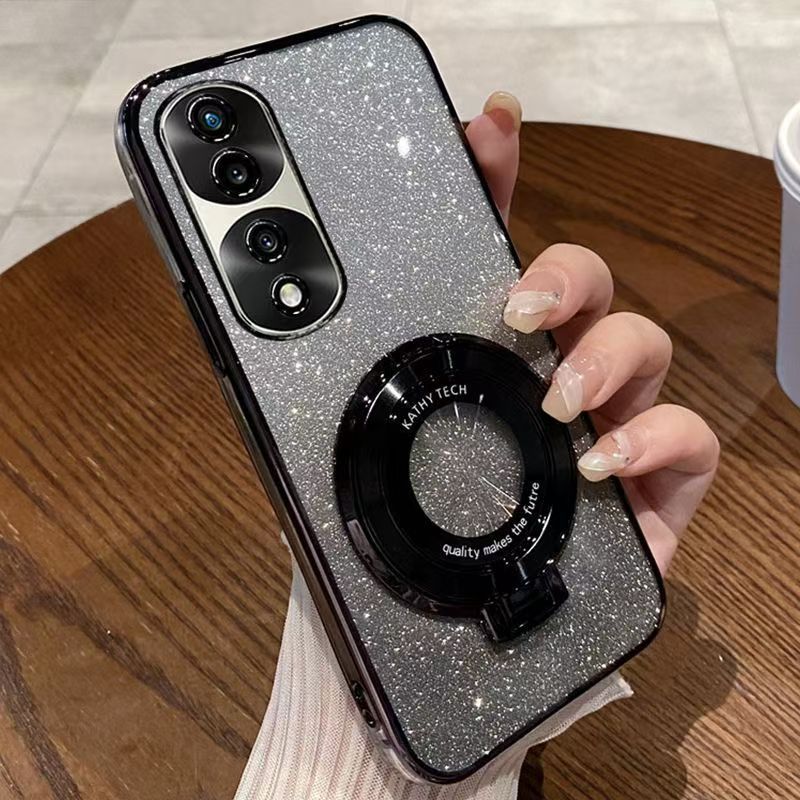 Luxury Magnetic Support Transparent Glitter Powder Phone Case For Honor 70 Pro+ 5G/Honor 70 Pro 5G Fall Prevention Protective Cover