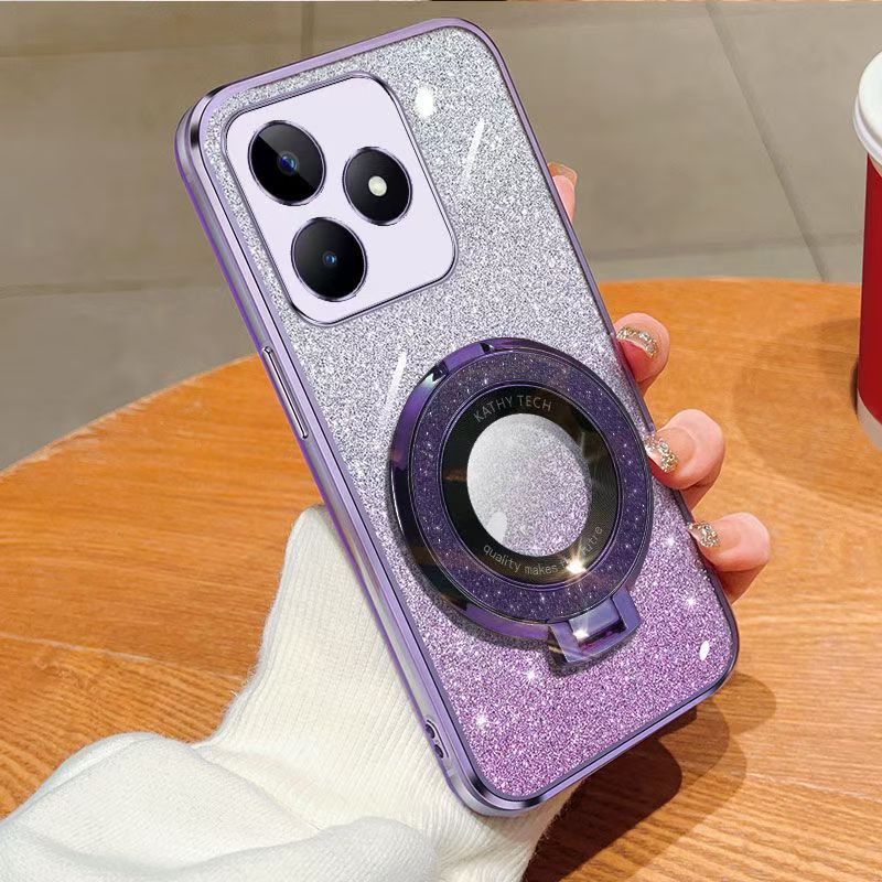 Luxury Magnetic Support Transparent Glitter Powder Phone Case For OPPO Realme Note 50 / Realme C53 / Realme C51/ Realme Narzo N53 Fall Prevention Protective Cover