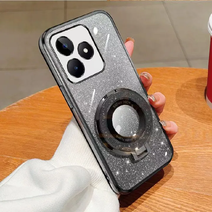 Luxury Magnetic Support Transparent Glitter Powder Phone Case For OPPO Realme Note 50 / Realme C53 / Realme C51/ Realme Narzo N53 Fall Prevention Protective Cover