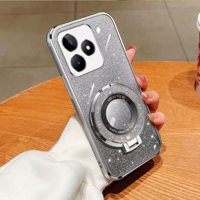 Luxury Magnetic Support Transparent Glitter Powder Phone Case For OPPO Realme Note 50 / Realme C53 / Realme C51/ Realme Narzo N53 Fall Prevention Protective Cover