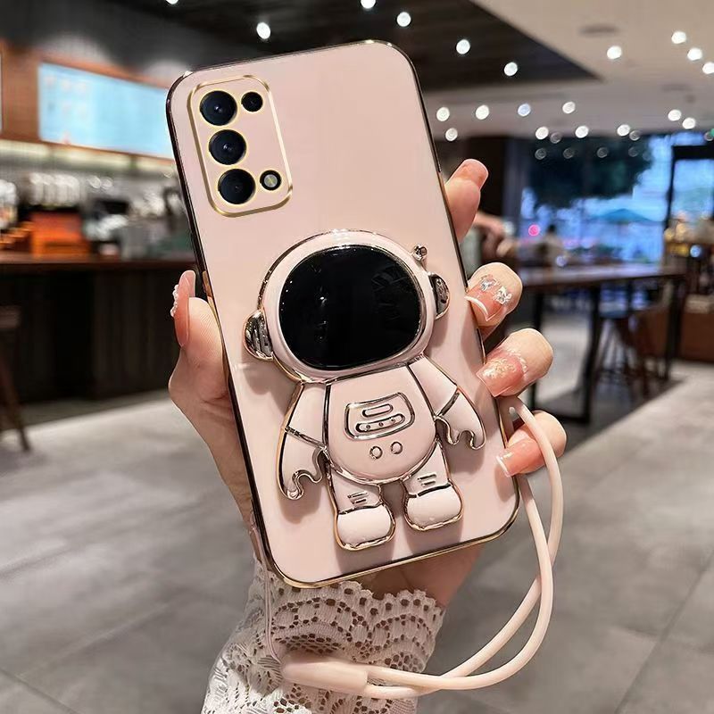 Phone Case for OPPO Reno 5 Pro 5G Case Silicone TPU Plating Cover Cute Astronaut Pattern Phone Case with Stand