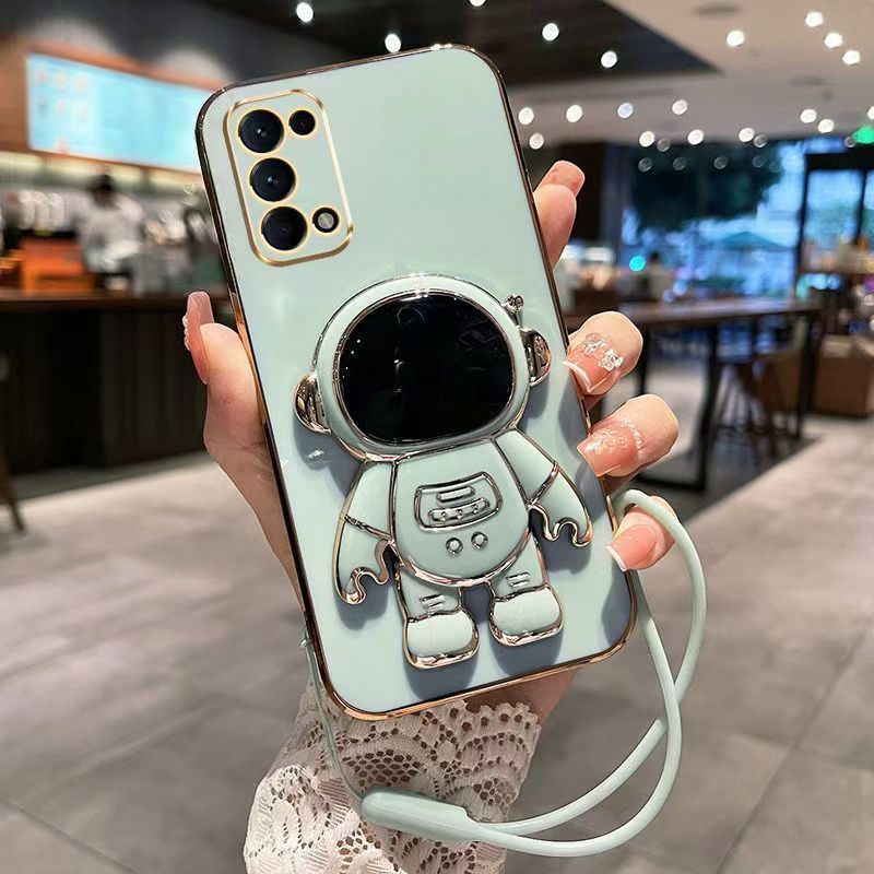 Phone Case for OPPO Reno 5 Pro 5G Case Silicone TPU Plating Cover Cute Astronaut Pattern Phone Case with Stand
