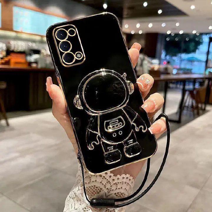 Phone Case for OPPO Reno 5 Pro 5G Case Silicone TPU Plating Cover Cute Astronaut Pattern Phone Case with Stand