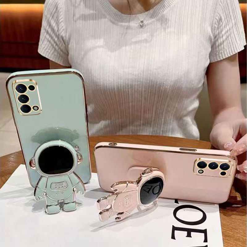 Phone Case for OPPO Reno 5 5G Case Silicone TPU Plating Cover Cute Astronaut Pattern Phone Case with Stand
