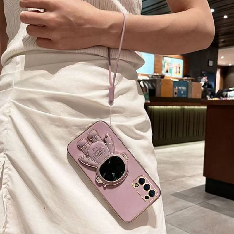 Phone Case for OPPO Reno 5 5G Case Silicone TPU Plating Cover Cute Astronaut Pattern Phone Case with Stand