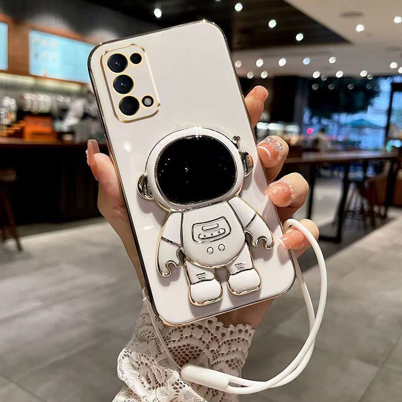 Phone Case for OPPO Reno 5 5G Case Silicone TPU Plating Cover Cute Astronaut Pattern Phone Case with Stand