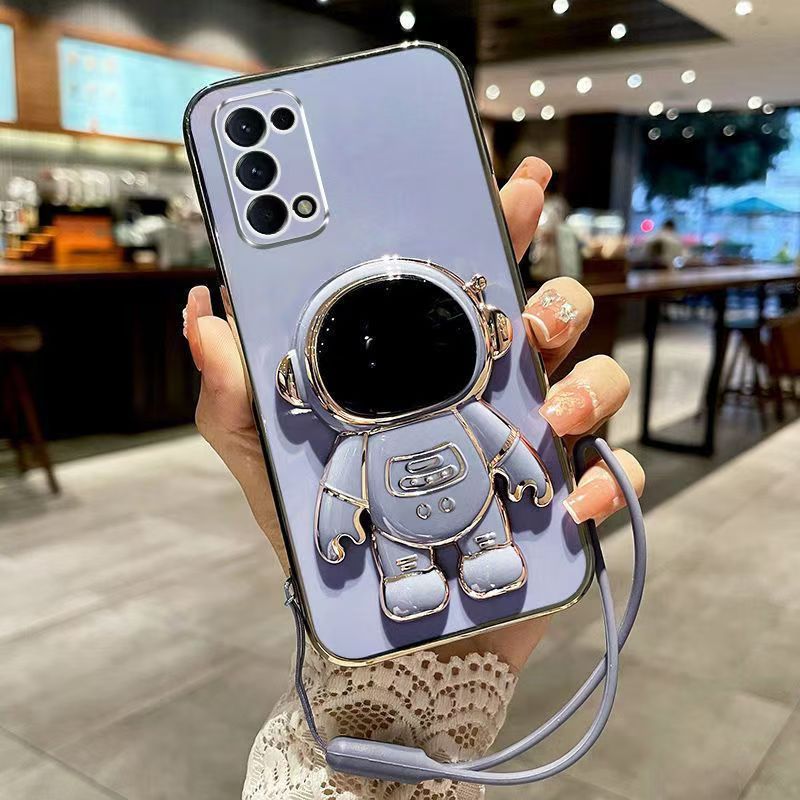 Phone Case for OPPO Reno 5 5G Case Silicone TPU Plating Cover Cute Astronaut Pattern Phone Case with Stand