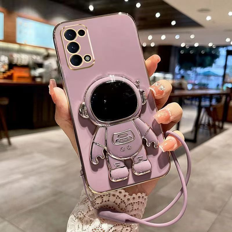 Phone Case for OPPO Reno 5 5G Case Silicone TPU Plating Cover Cute Astronaut Pattern Phone Case with Stand
