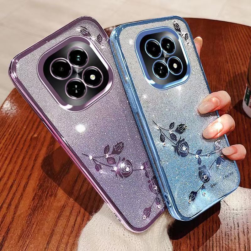 Cover For Xiaomi Redmi Note 14 Pro 14 Pro+ Plus 14 Flash Women's and Girls Pink Flower Transparent Shock Protection Luxury Diamond Shining Soft Phone Case
