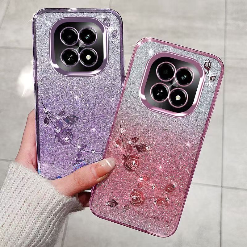 Cover For Xiaomi Redmi Note 14 Pro 14 Pro+ Plus 14 Flash Women's and Girls Pink Flower Transparent Shock Protection Luxury Diamond Shining Soft Phone Case