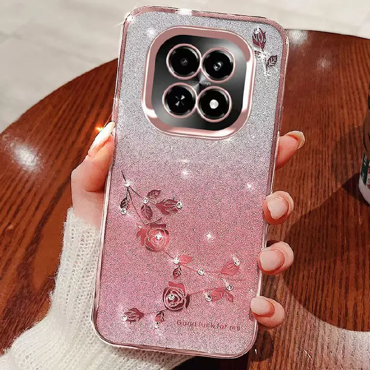 Cover For Xiaomi Redmi Note 14 Pro 14 Pro+ Plus 14 Flash Women's and Girls Pink Flower Transparent Shock Protection Luxury Diamond Shining Soft Phone Case