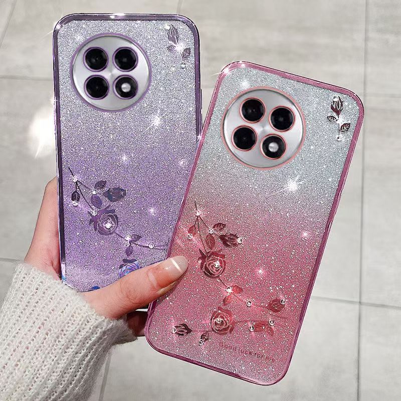 Phone Case For OnePlus 13R 5G Flash Women's and Girls Pink Flower Transparent Shock Protection Luxury Diamond Shining Soft Phone Case