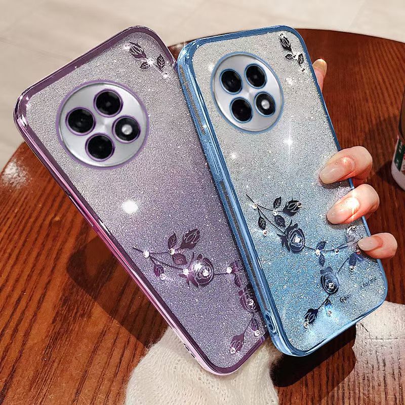 Phone Case For OnePlus 13R 5G Flash Women's and Girls Pink Flower Transparent Shock Protection Luxury Diamond Shining Soft Phone Case