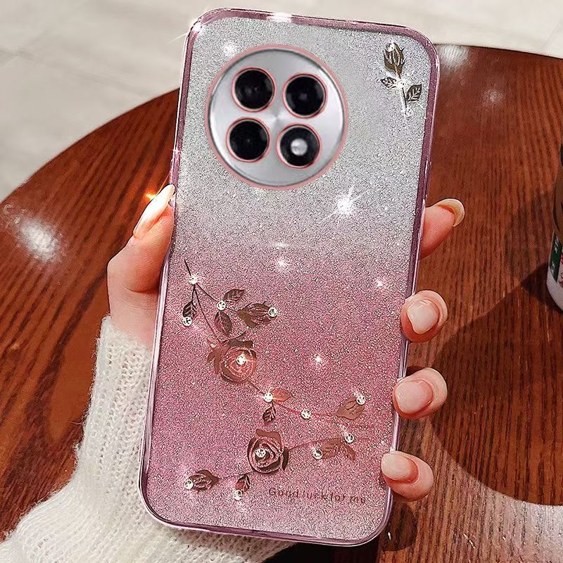 Phone Case For OnePlus 13R 5G Flash Women's and Girls Pink Flower Transparent Shock Protection Luxury Diamond Shining Soft Phone Case