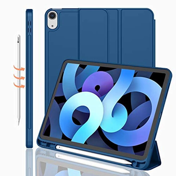 Cover For Apple iPad Air4 10.9" inch 2020/ iPad Air5 10.9" inch (2022) Equipped With Pen Holder, three fold stand intelligent protective case, soft TPU back, automatic wake-up/sleep