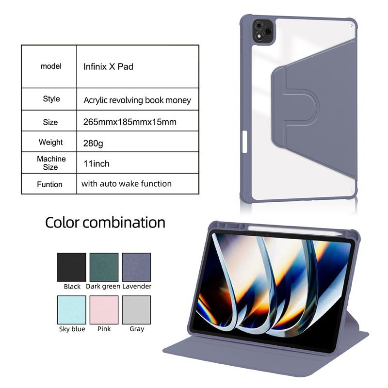 Rotating Protective Cover for Infinix Xpad 11.0"/ Infinix X Pad 11.0" With Pen Holder, 360 Degree Rotating Protective Bracket Cover Transparent Back, Automatic Wake-Up/Sleep