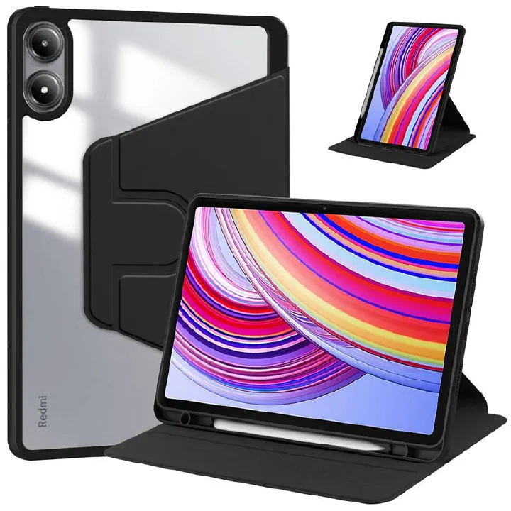 Rotating Protective Cover for Xiaomi Redmi Pad Pro 12.1"/ Poco Pad 12.1" With Pen Holder, 360 Degree Rotating Protective Bracket Cover Transparent Back, Automatic Wake-Up/Sleep
