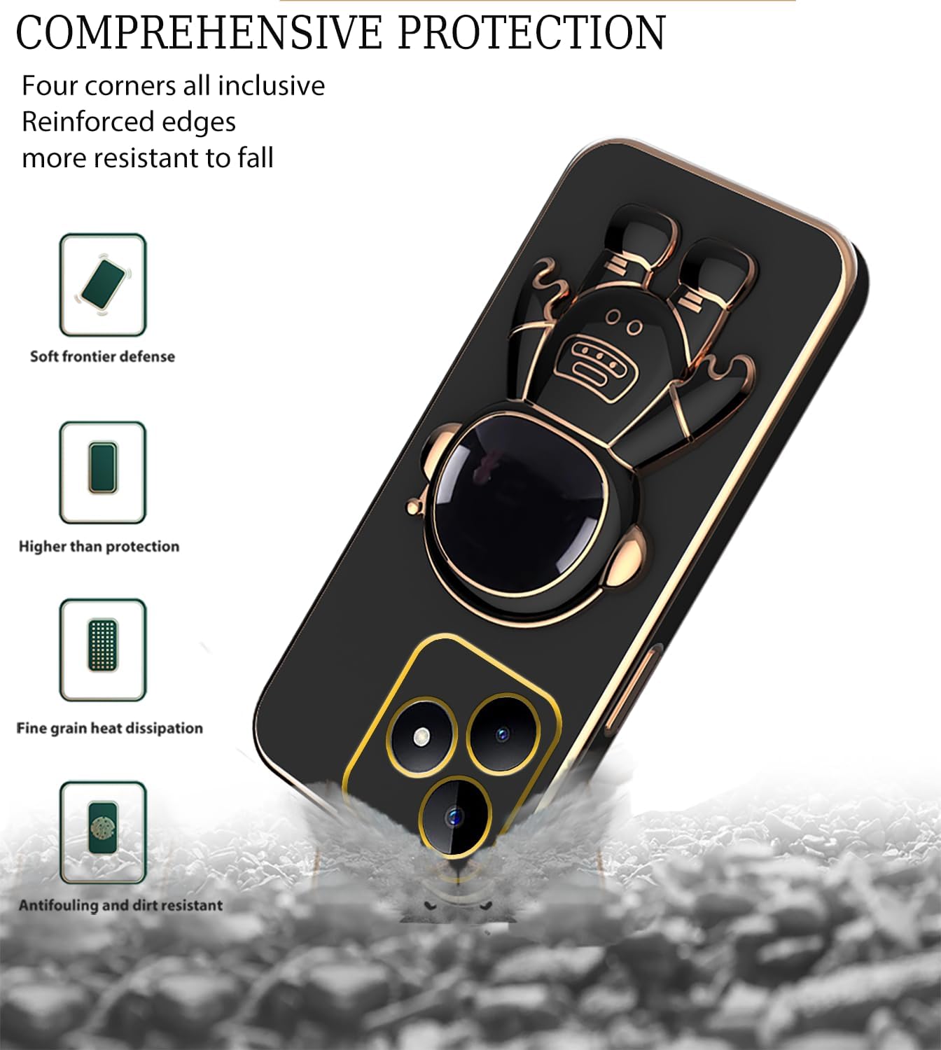 Compatible with Realme Note 50 Case with Plating Creative Astronaut Cartoon Holder,Realme Note 50 Phone Case Silicone Shockproof Stand Soft TPU Protective Slim Cover