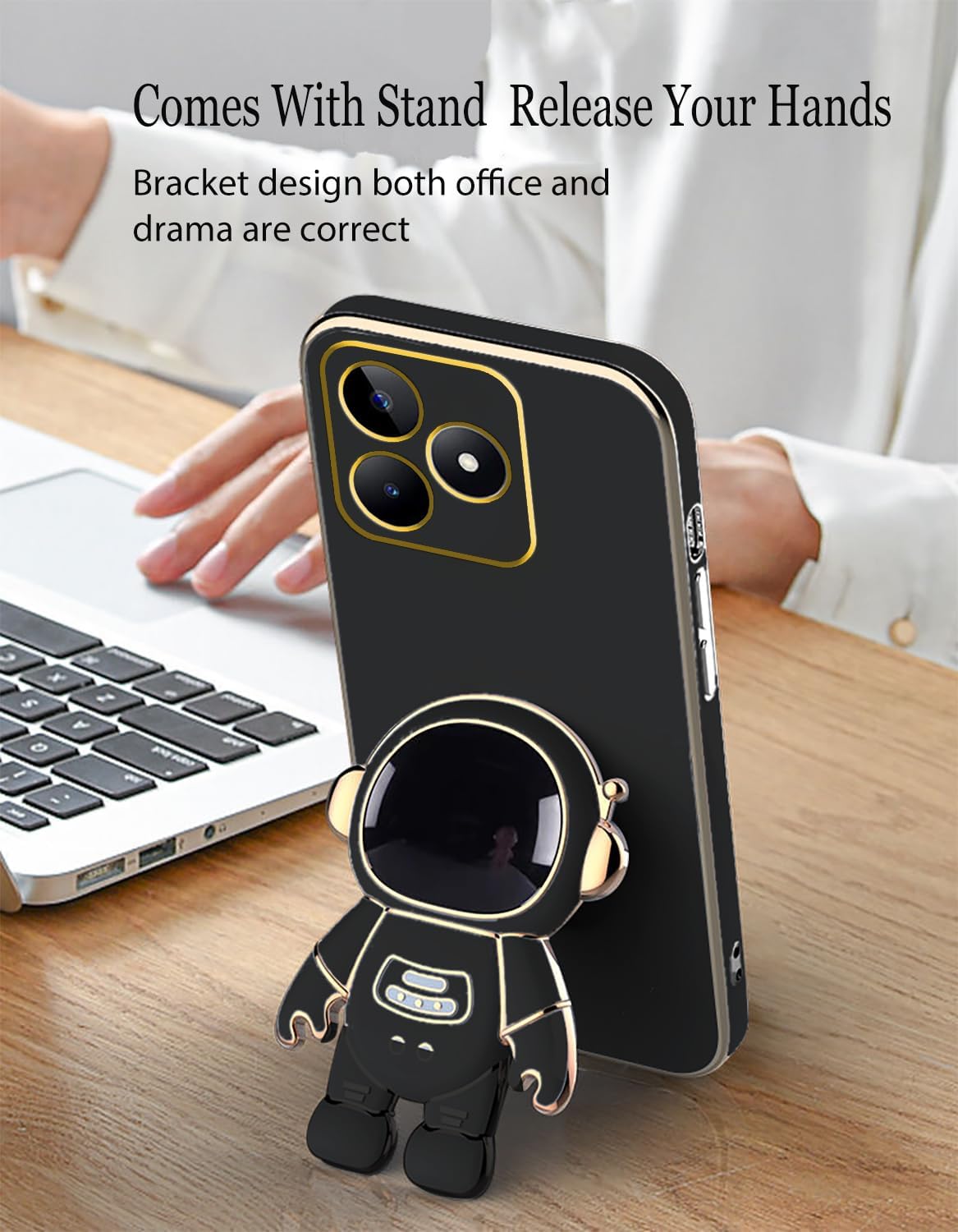 Compatible with Realme Note 50 Case with Plating Creative Astronaut Cartoon Holder,Realme Note 50 Phone Case Silicone Shockproof Stand Soft TPU Protective Slim Cover